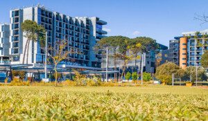 A ground level photo of Exchange including UnliLodge, School of Design and Built Enviornment and Nesuto Hotel