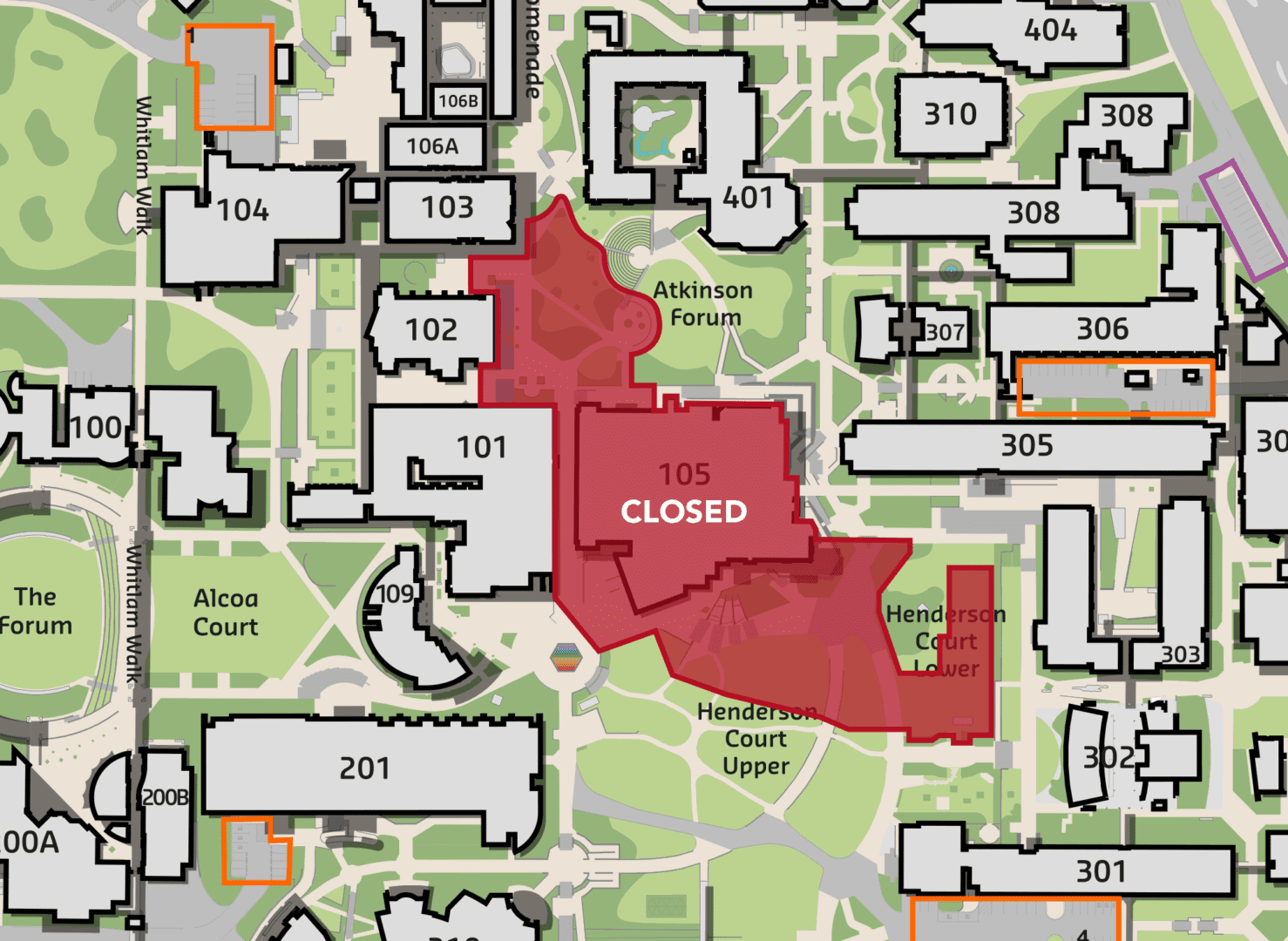 A map of the Curtin campus showing the TL Robertson Library closure