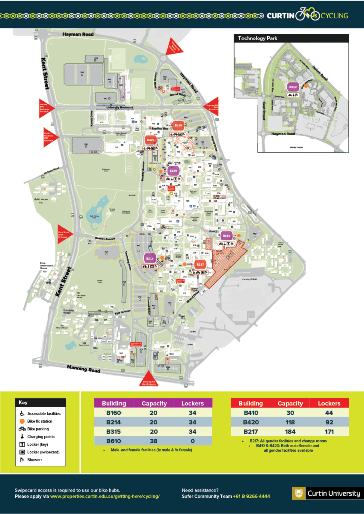 A map of Curtin showing the location of all bike hubs across campus.