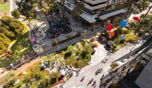 An aerial photo shows the Exchange precinct at Curtin busy with people and activations during the 2025 TASTE event.