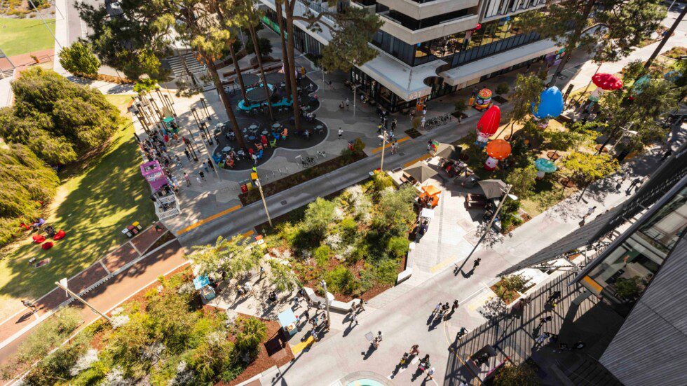An aerial photo shows the Exchange precinct at Curtin busy with people and activations during the 2025 TASTE event.