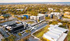 An aerial view of the northern end of Curtin University's Perth campus, showing the constructed Exchange precinct.